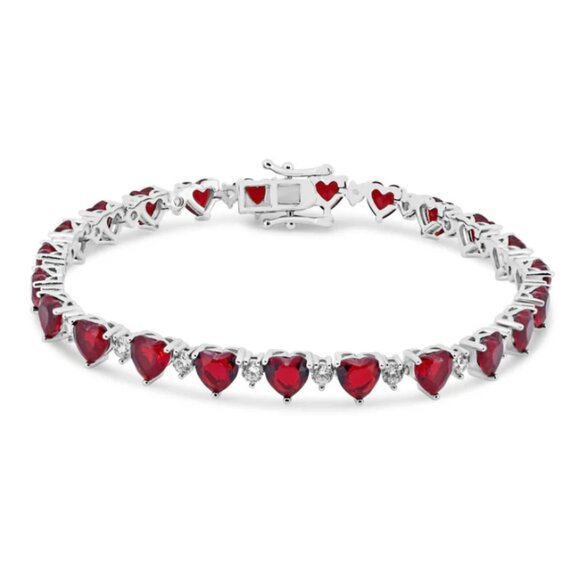 Silver 925 Rhodium Plated Heart Red CZ 6mm Tennis Bracelet
